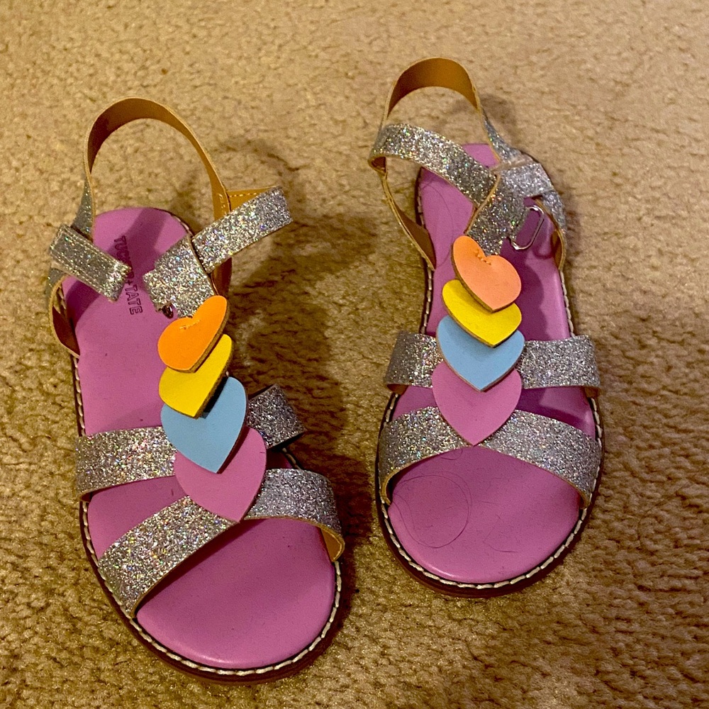 Glittery Silver Kids Sandals with Colorful Hearts
